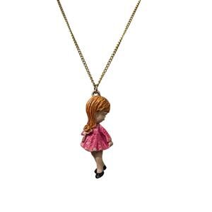 Vintage Figural Girl Pendant Necklace Pink Dress Gold Tone Kitsch Retro Jewelry